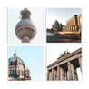 4er Berlin Poster Set im farbigen Retro Look. Motive vom Fernsehturm, Berliner Dom und dem Brandenburger Tor. Quadratisches Format.