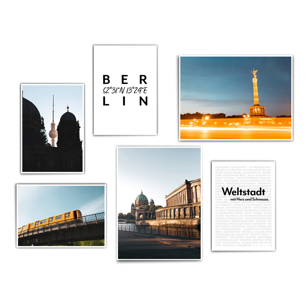 Farbenfrohes Berlin Poster Set. Berlin Motive der Siegessäule, dem Fernsehturm, Berlin Dom und einer BVG Bahn.