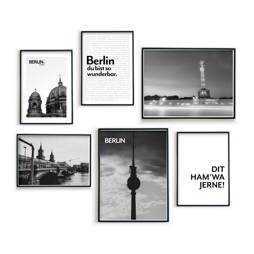 Schwarz Weiß Bilder von Berlin, 4 Fotografien der Hauptstadt kombiniert mit 2 Spruch Bildern. Poster in schwarzen Bilderrahmen.