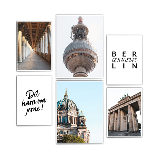6er Berlin Poster Set im Retro Look von den Sehenswürdigkeiten in Berlin Mitte kombiniert mit Sprüchen.