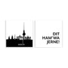 2er Berlin Poster Set in schwarz weiß. Illustration der Berliner Skyline kombiniert mit Spruch Bild. Quadratisches Format