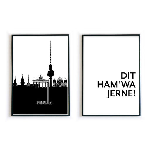 2er Berlin Poster Set in schwarz weiß. Illustration der Berliner Skyline kombiniert mit Spruch Bild. Poster in schwarzen Bilderrahmen.