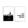 2er Berlin Poster Set in schwarz weiß. Illustration der Berliner Skyline kombiniert mit Spruch Bild.