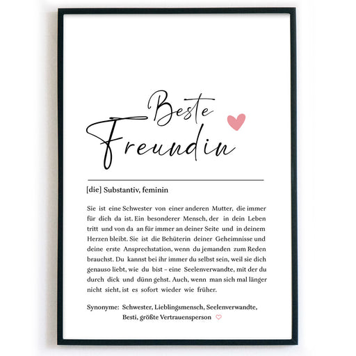 Definition Beste Freundin Poster mit netten Worten was eine Freundin ausmacht. Unten verschiedene Synonyme. Bild im schwarzen Bilderrahmen.