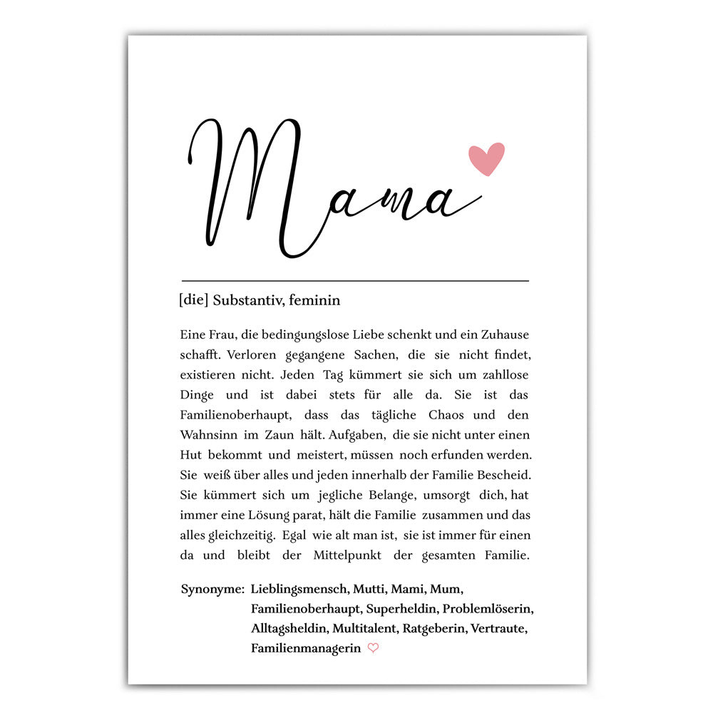 Definition Mama Poster mit netten Worten was eine Mutter ausmacht. Unten verschiedene Synonyme.