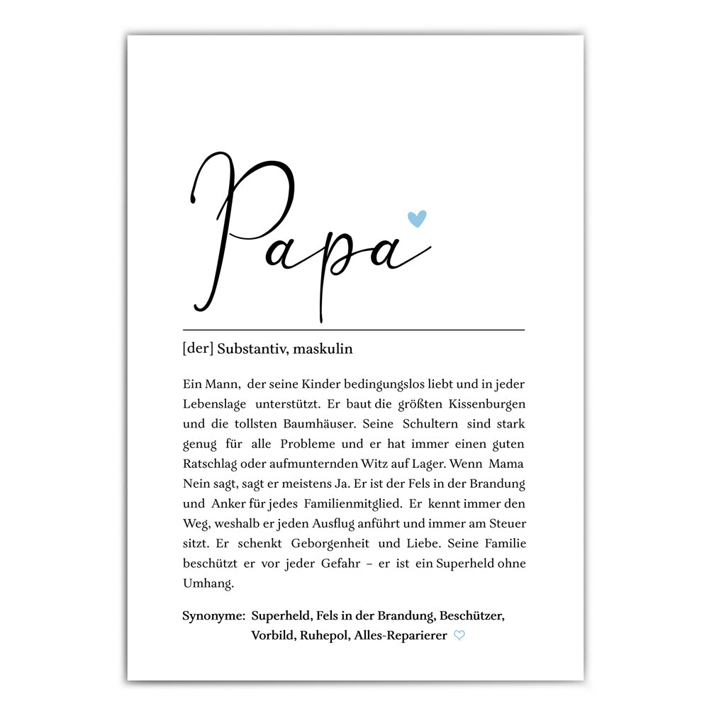Papa Definition Poster mit netten Worten was einen Vater ausmacht. Unten verschiedene Synonyme.