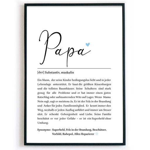 Papa Definition Poster mit netten Worten was einen Vater ausmacht. Unten verschiedene Synonyme. Bild im Rahmen.
