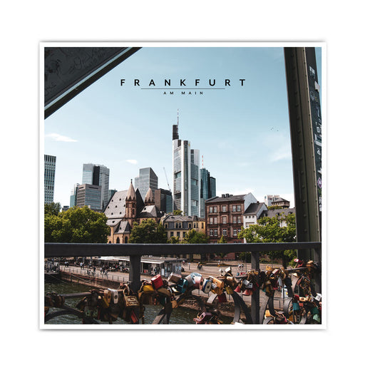 Frankfurt Poster im retro look der Frankfurter Skyline und im Vordergrund Liebesschlösser. Poster im quadratischen 30x30cm Format.
