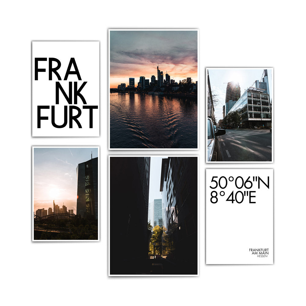 Frankfurt Bilderwand in Farbe. 4 FFM Fotografien bei Sonne und 2 Spruch Bilder.