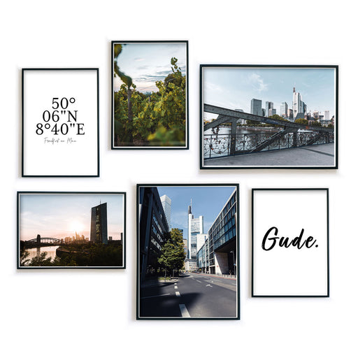 Frankfurt Poster Set mit 6 Postern. Fotografien der Frankfurter Skyline und Hochhäuser mit 2 Spruchbildern. Bilder in schwarzen Rahmen fertig gerahmt.