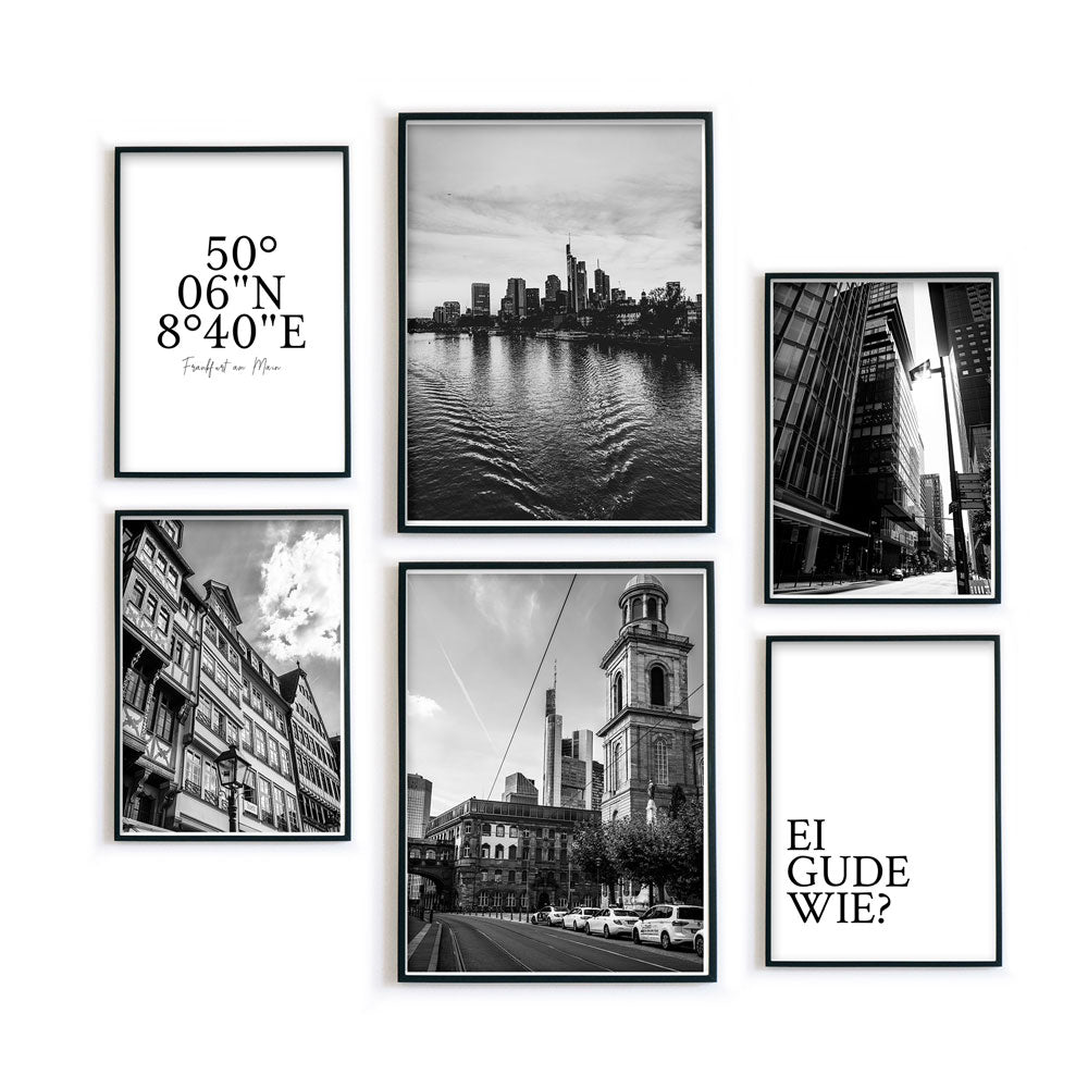Frankfurt Poster Set in schwarz Weiß. Motive der Frankfurter Skyline und 2 Spruch Bildern. Bilder in schwarzen Bilderrahmen.