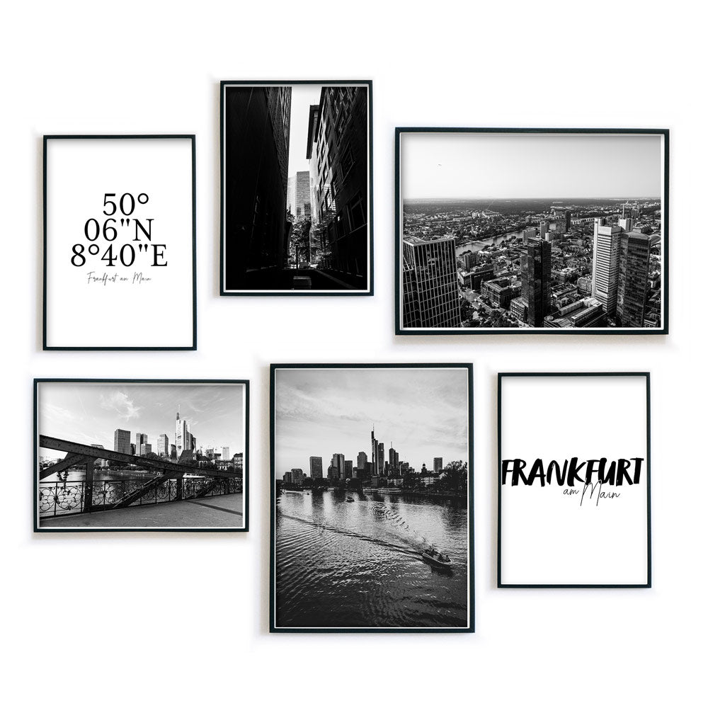 Frankfurt Poster Set in schwarz Weiß. Motive der Frankfurter Skyline und 2 Spruch Bildern. Bilder in schwarzen Bilderrahmen fertig gerahmt