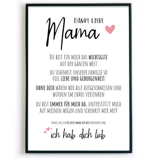 Danke liebe Mama Poster mit netten Worten an die Mutter. Bild im Bilderrahmen.