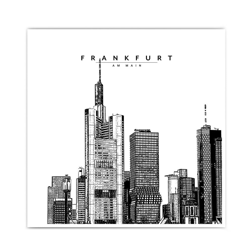 Illustration der Skyline von Frankfurt. Schwarz Weiß Poster im quadratischen Format.
