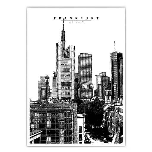 Illustration der Skyline von Frankfurt. Schwarz Weiß Poster.