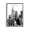 Illustration der Skyline von Frankfurt. Schwarz Weiß Poster gerahmt in einem schwarzen Bilderrahmen.