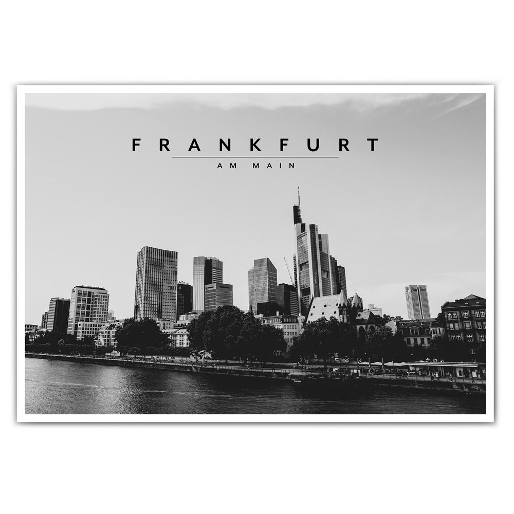 Schwarz Weiß Frankfurt Poster im Querformat. Skyline von Frankfurt am Main.