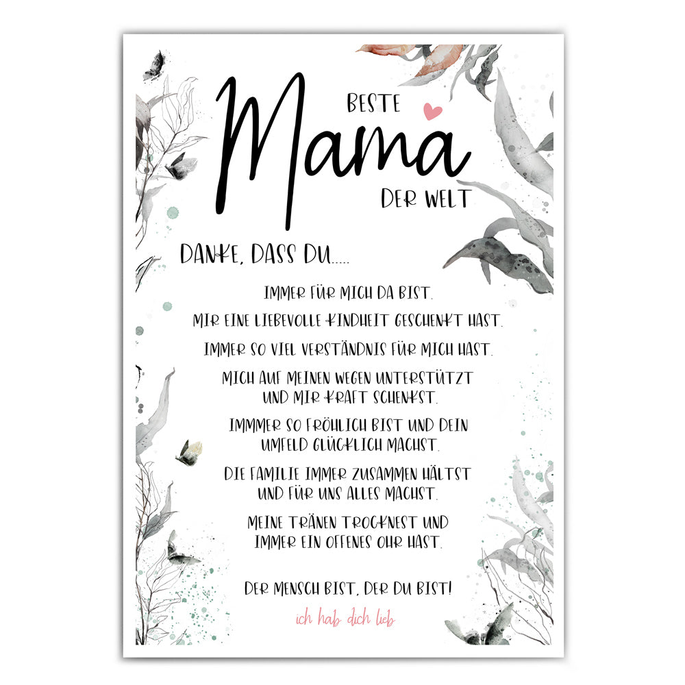 Beste Mama der Welt Poster, Danke mit netten Worten an die Mutter im Blumen Design.