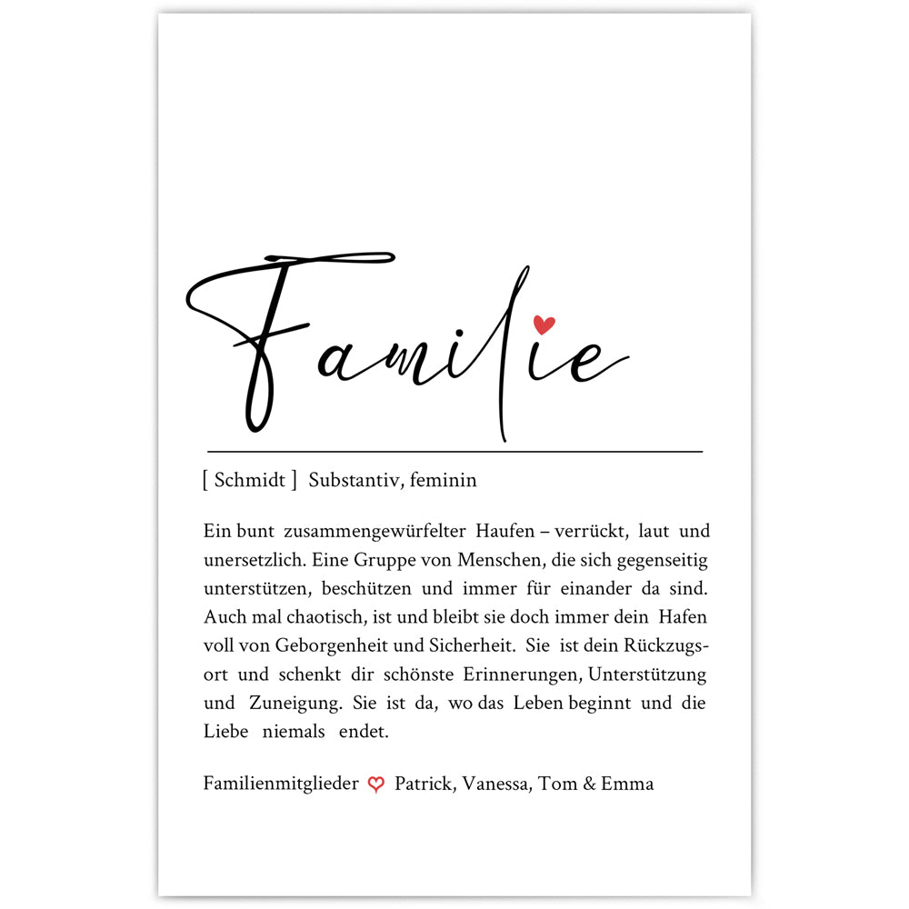 Familie Definition Poster mit personalisierten Namen und Synonymen. Liebevoller Text was eine Familie ausmacht.