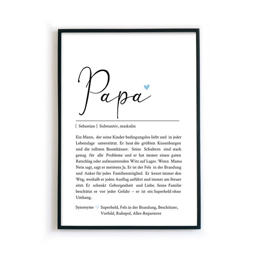 Papa Definition Poster mit personalisierten Namen und Synonymen. Liebevoller Text was einen Papa ausmacht. Bild im Bilderrahmen.