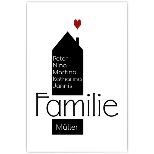 Schwarzes Haus mit Familie in der Mitte und einem roten Herz über dem Schornstein. Personalisierbare Vornamen im Haus.
