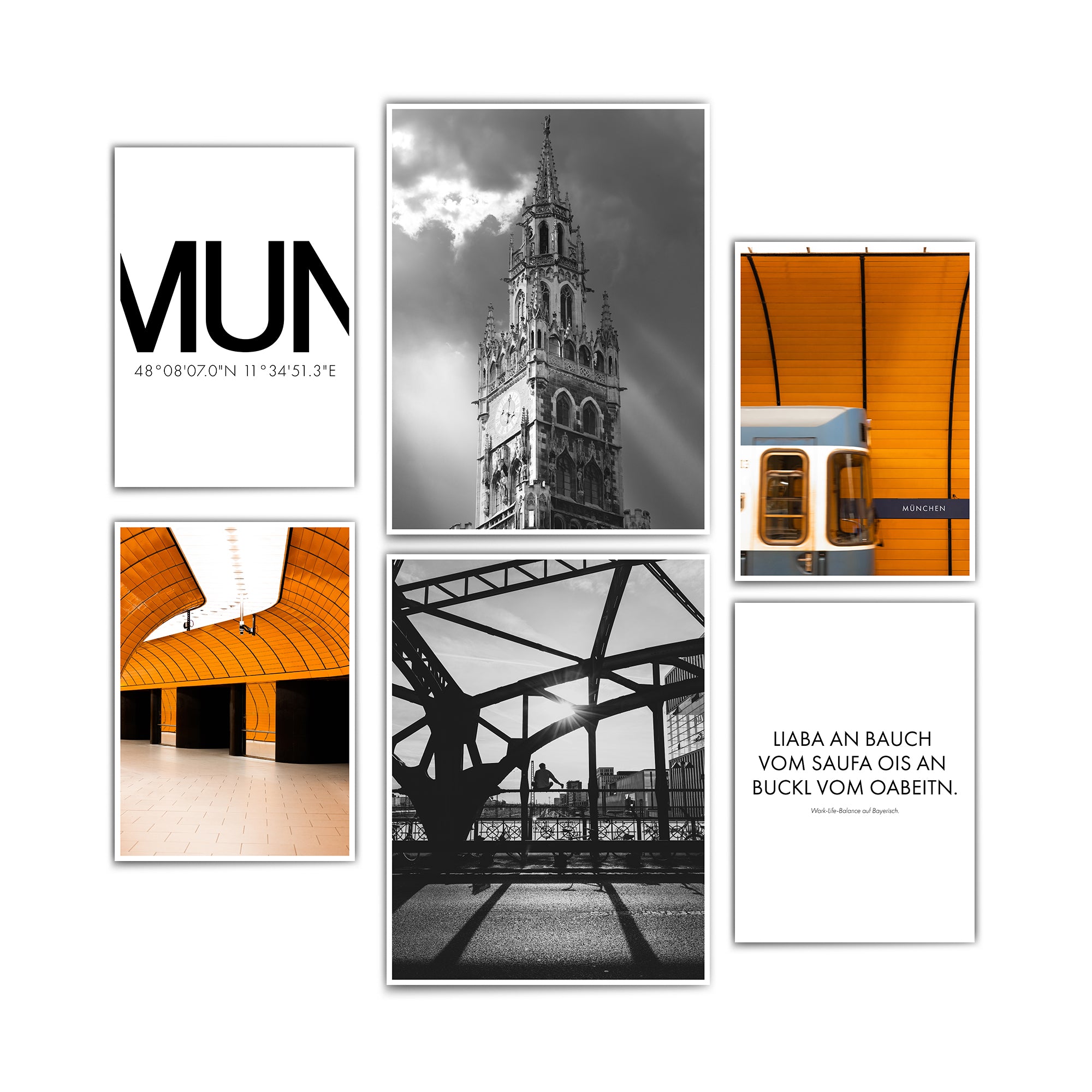 München Poster Set, 6 Stück. 2 Spruch Bilder, 2 schwarz weiß Fotografien von München und 2 in Farbe der U-Bahn