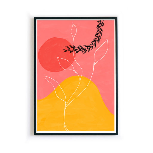 Illustration als Poster im schwarzen Bilderrahmen. Linien Art einer Pflanze, der Hintergrund ist Gelb und Rosa.