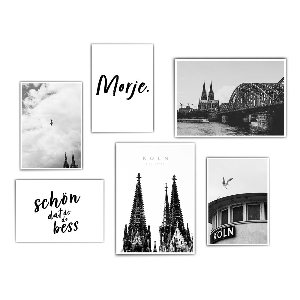 6er Köln Poster Set in schwarz weiß. Köln Fotografien vom Kölner Dom kombiniert mit morje und schöt dat de do bess sprüchen.