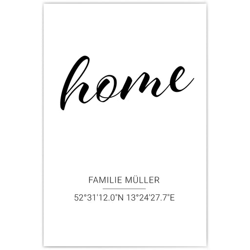 Personalisiertes home Poster mit Familiennamen und Koordinaten.