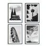 Vier Bilder mit Köln Motiven in schwarz weiß fertig gerahmt. Kölner Dom mit Cologne Schriftzug, Fernsehturm und Riesenrad.