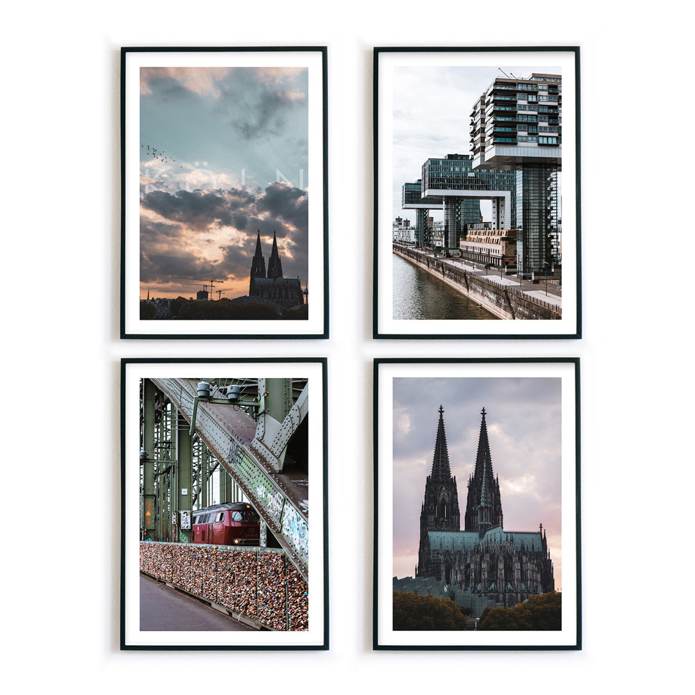 4er Köln Poster Set in schwarzen Bilderrahmen. Kölner Dom zum Sonnenuntergang, Kranhäuser und Hohenzollernbrücke.