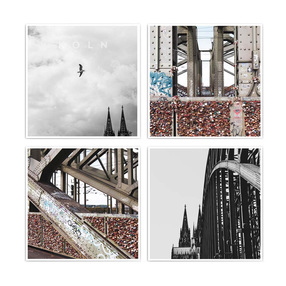Quadratisches 4er Köln Poster Set mit zwei schwarz weiß Bildern vom Kölner Dom und zwei Bilder der Hohenzollernbrücke in Farbe.