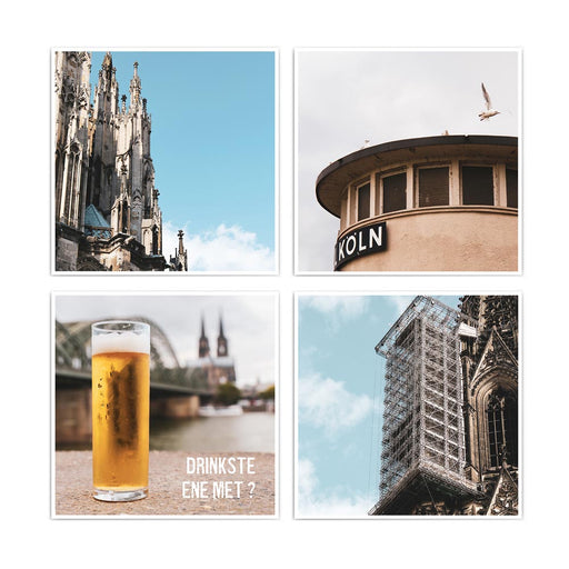 Quadratisches 4er Köln Poster Set mit Bildern vom Kölner Dom und einem Kölsch vor der Skyline mit dem Spruch Drinkste Ene Met.
