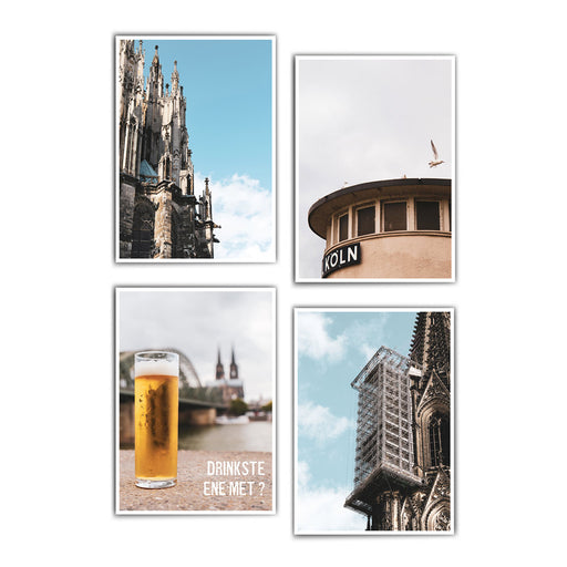 4er Köln Poster Set mit Bildern vom Kölner Dom und einem Kölsch vor der Skyline mit dem Spruch Drinkste Ene Met.