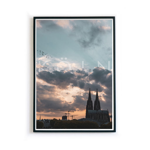 Poster im Rahmen mit Köln Motiv. Kölner Dom bei bewölken Himmel zum Sonnenuntergang. Köln Schriftzug in den Wolken eingebaut. Papageien über dem Dom.