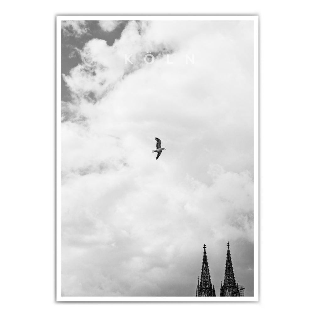Köln Poster in schwarz weiß. Wolkiger Himmel mit einer Möwe mittig im Bild, unten rechts die Spitzen vom Kölner Dom