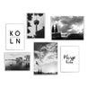Vier Köln Fotografien in schwarz weiß mit zwei Köln Typografie Bildern. Kölner Dom, Fernsehturm, Hohenzollernbrücke und Rheinufer.