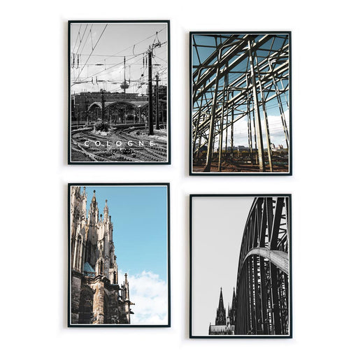 4er Köln Bilder Set vom Kölner Dom, der Hohenzollernbrücke, Fernsehturm und Hauptbahnhof. Zwei in Farbe, zwei schwarz weiß. Fertig gerahmt.