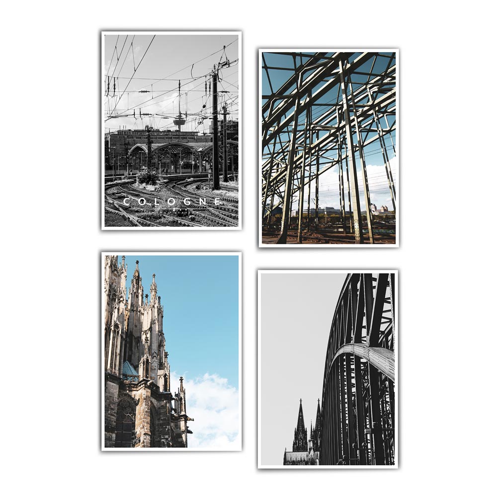 4er Köln Bilder Set vom Kölner Dom, der Hohenzollernbrücke, Fernsehturm und Hauptbahnhof. Zwei in Farbe, zwei schwarz weiß.