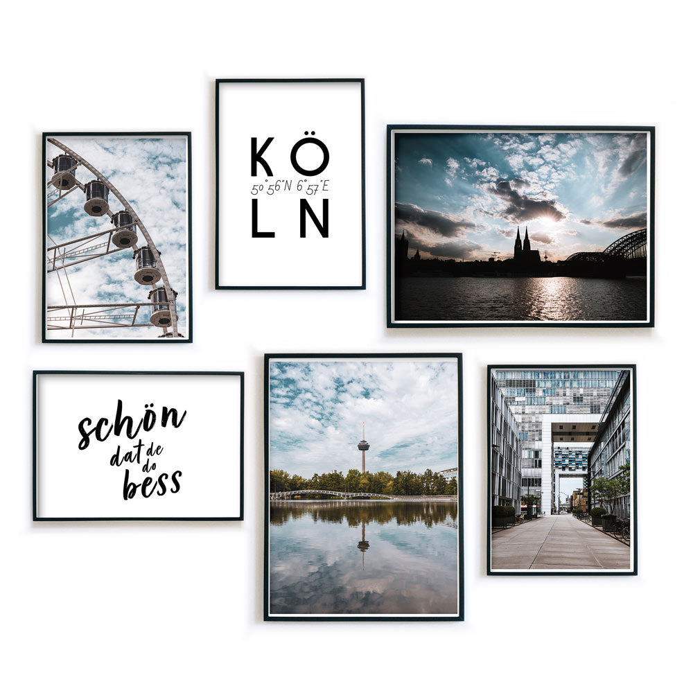 Köln Bilder in bläulichen Farben vom Kölner Dom, Kranhäusern, Fernsehturm und Riesenrad kombiniert mit zwei Köln Sprüchen. In schwarzen Bilderrahmen.