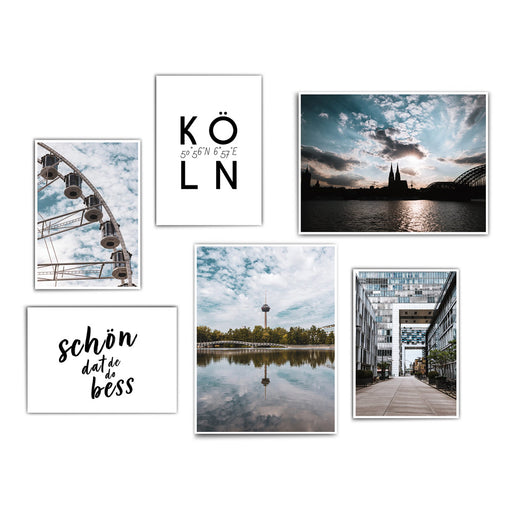 Köln Bilder in bläulichen Farben vom Kölner Dom, Kranhäusern, Fernsehturm und Riesenrad kombiniert mit zwei Köln sprüchen.