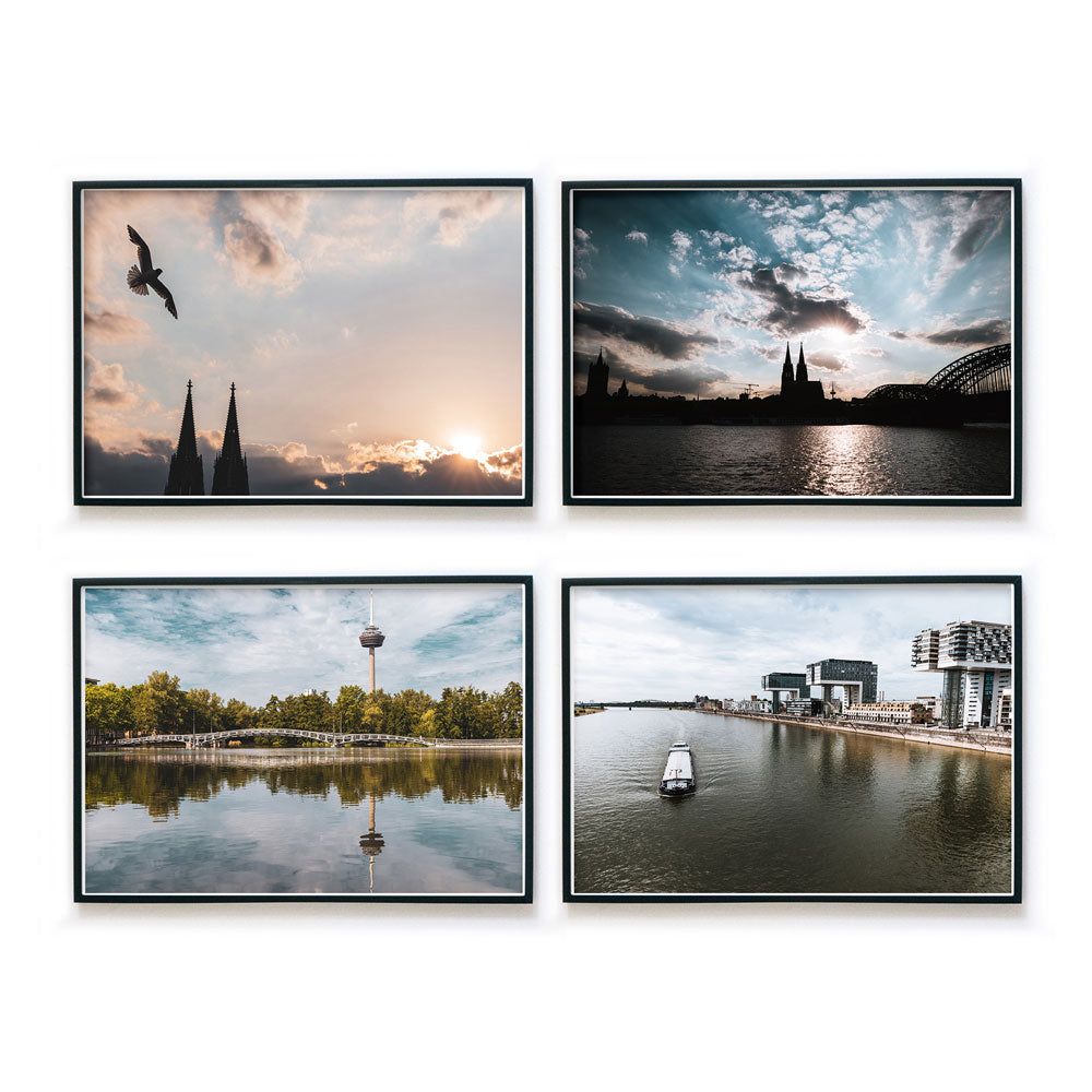 Vier Köln Poster im Querformat in Bilderrahmen. Kölner Skyline zum Sonnenuntergang. Motive vom Rhein, Fernsehturm, Kölner Dom und Kranhäuser. 