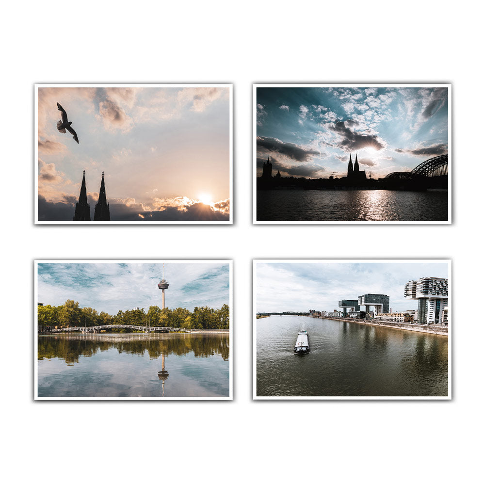 Vier Köln Poster im Querformat. Kölner Skyline zum Sonnenuntergang. Motive vom Rhein, Fernsehturm, Kölner Dom und Kranhäuser. 