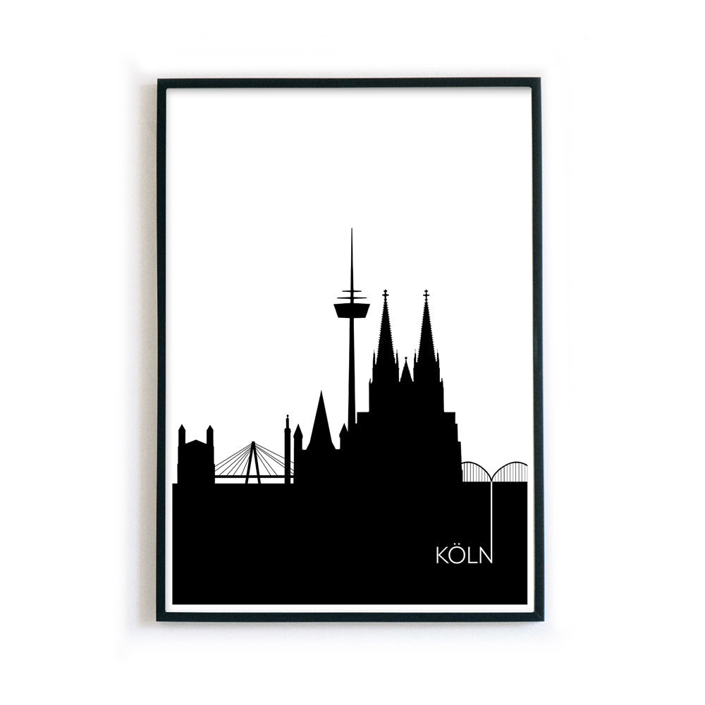 Köln Poster der Skyline Umrisse der Sehenswürdigkeiten. Illustriert in schwarz weiß. Im schwarzen Bilderrahmen.