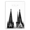 Illustriertes Kölner Dom Poster in schwarz Weiß. Die Türme vom Kölner Dom, darüber der Schriftzug - Köln Dom Stadt.