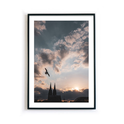 Gerahmtes Köln Poster vom Sonnenuntergang über dem Kölner Dom. Über dem Dom fliegt eine Möwe. Kraftvoller blauer Himmel mit Wolken und Sonnenstrahlen. Mit weißen Rand um das Poster.