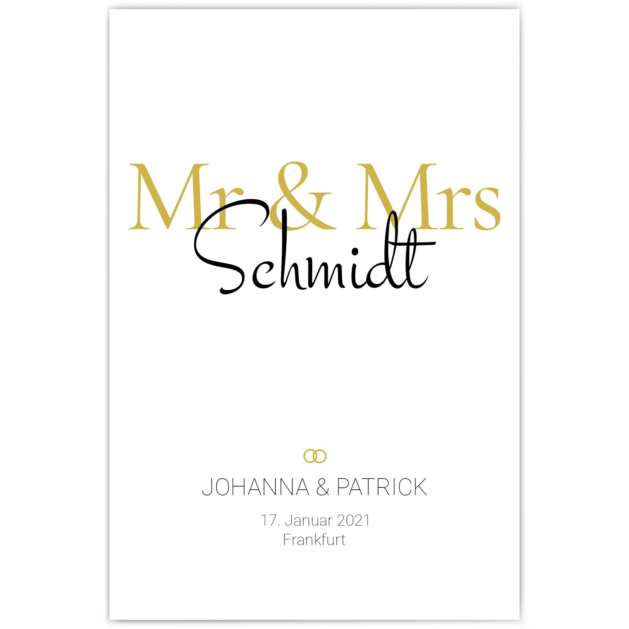 Mr & Mrs in Gold. Poster mit Personalisierten Nachnahmen, Vornamen, Ort und Datum.