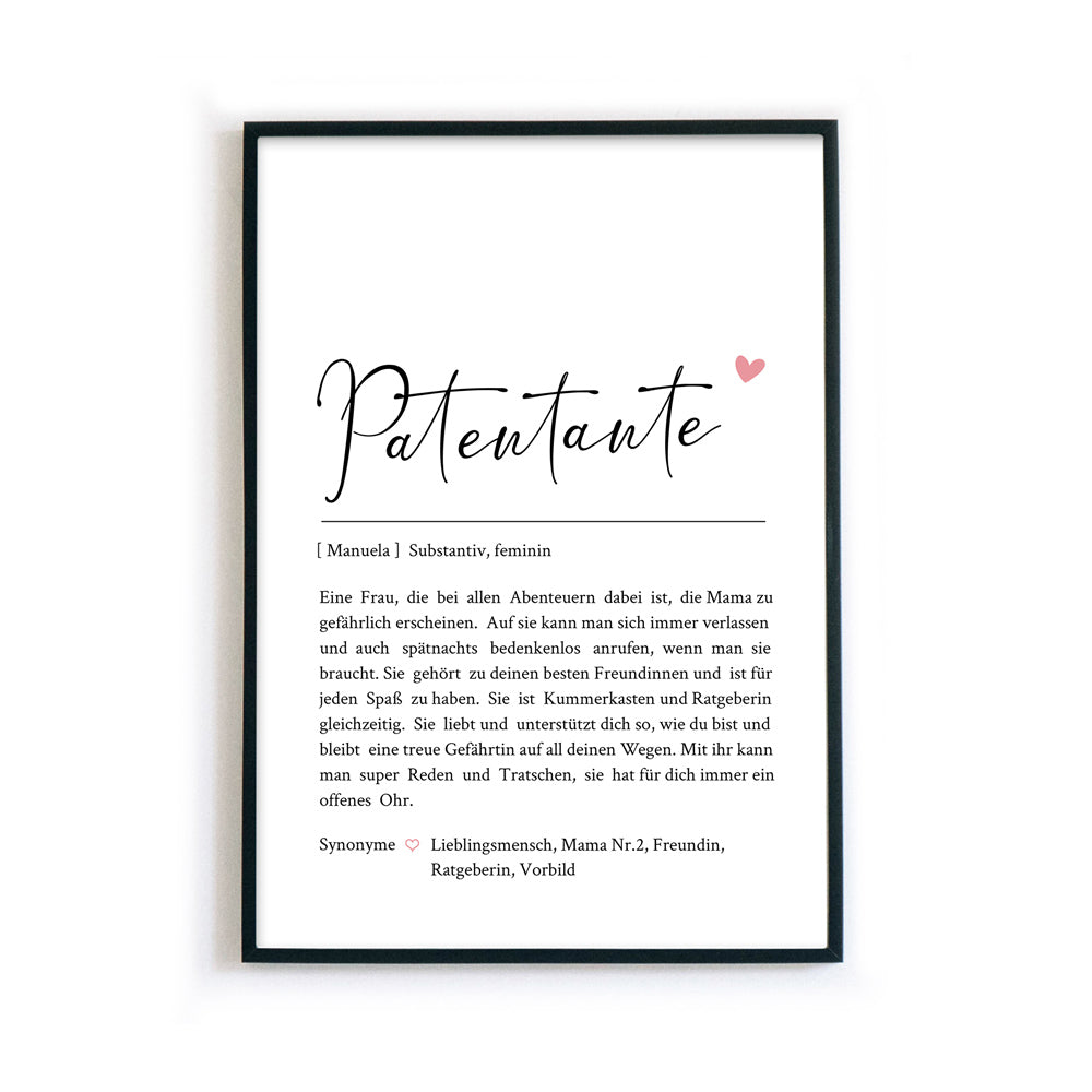 Patentante Definition Poster mit personalisierten Namen und Synonymen. Liebevoller Text was eine Patentante ausmacht. Bild im Rahmen.