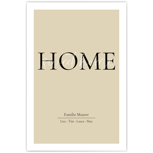 Home Sweet Home Poster in Beige mit personalisierten Vornamen und Familiennamen.