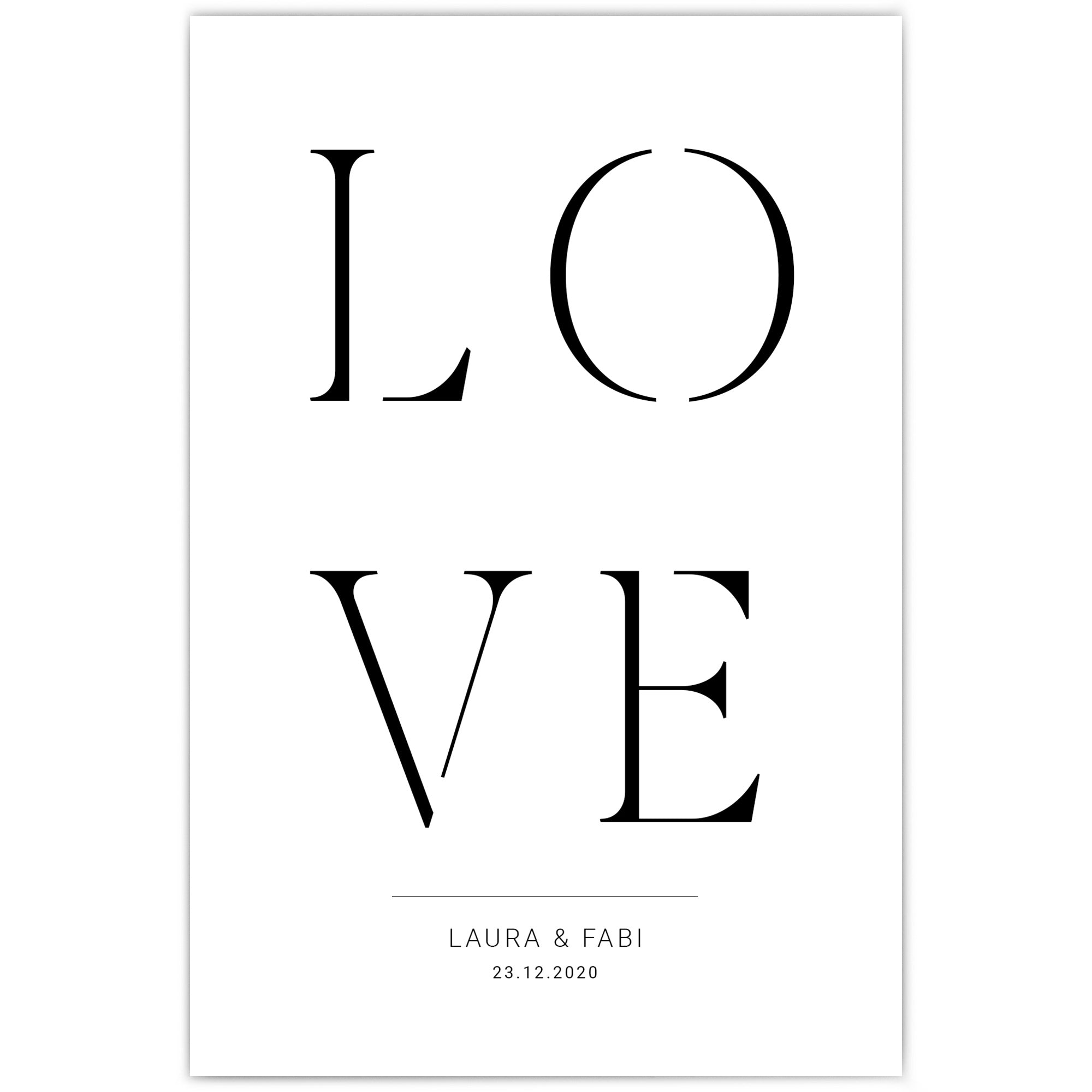Schwarz Weiß Love Poster mit personalisierten Namen und Datum.